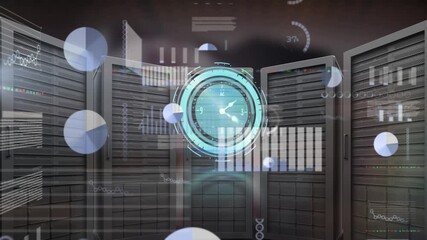 Animation of clock, graphs and trading boars over server rack against abstract background - Powered by Adobe