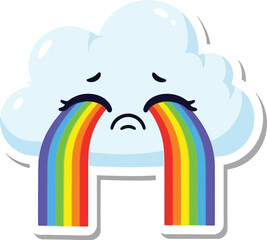 Sad cloud emoji shedding rainbow liquid tears with closed eyes and depressed face expression weather character sticker