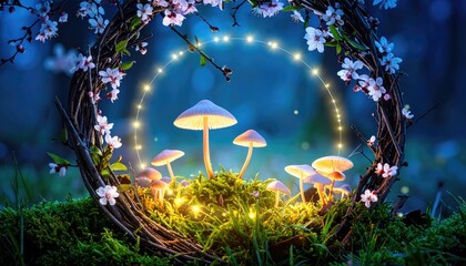 Enchanting fairy ring with luminous mushrooms nestled amidst blooming flowers. Delicate lights sparkle, creating a whimsical and magical scene