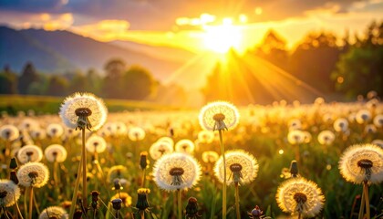 A beautiful view of a field of dandelions at sunset, with the sun's rays shining through. The soft, fluffy seed heads of the dandelions create a dreamy and ethereal landscape