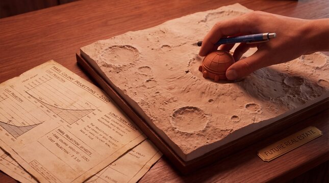 Astronomer studying a detailed topographical model of the moons surface.