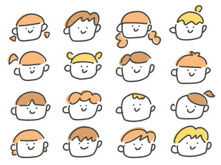 Fototapeta premium 手描きの笑顔がかわいい子供達の顔アイコンセット 10代・20代・多様性