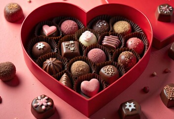 A heart-shaped box filled with colorful chocolates is placed on a pink surface - Valentine's Day
