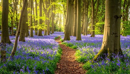 A vibrant path meanders through a magical forest carpeted with bluebells, with sunlight filtering through the trees, creating a serene and enchanting scene