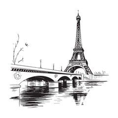 Eiffel Tower and bridge over Seine river in black and white style paris france