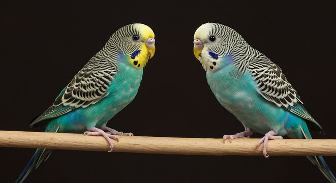 Deux perruches aux couleurs vives se faisant face sur une branche composition equilibree fond sombre pur et elegant. AI Generated