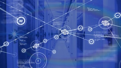 Animation of network of connections with icons over computer servers - Powered by Adobe