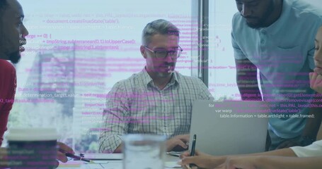Animation of computer language over diverse coworkers discussing reports on laptop in office - Powered by Adobe