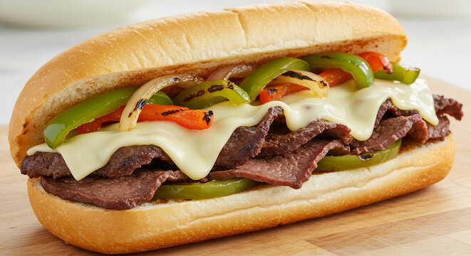 Delecieux sandwich garni de viande fondante et poivrons oignons grilles baigne dans une lumiere appetissante. AI Generated