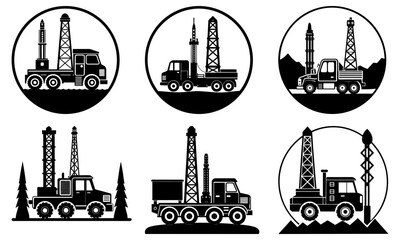 Oil Drilling Trucks and Equipment Silhouettes on White Background 1