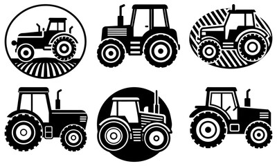 Six Black and White Tractor Silhouettes on White Background farm equipment agricultural machinery
