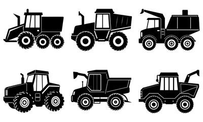 Six Different Tractor Silhouettes on White Background farm agriculture
