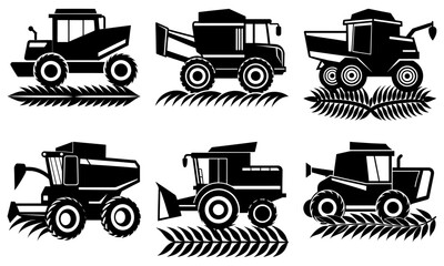 Six Black Combine Harvesters Silhouettes on White Background with Grass agricultural machinery farming equipment