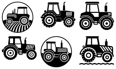 Six Black and White Tractor Silhouettes on White Background farm agriculture