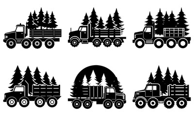 Six Black Silhouette Trucks Transporting Christmas Trees on White Background transportation