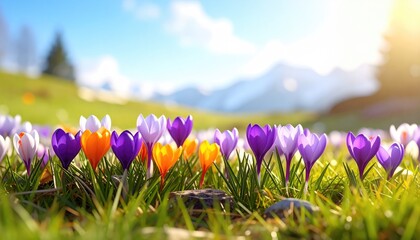 Spring meadow of colorful crocuses in full bloom with mountains in the background under blue sky
