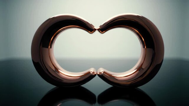 Two sleek, abstract C-shaped rose gold forms glide on a reflective black surface, bathed in soft studio light, then interlock in a macro video. Concept of seamless integration