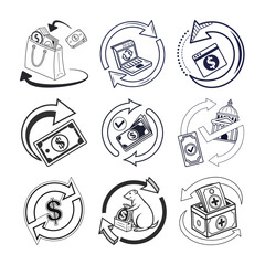 Financial Flow and Transactions: A visual collection of illustrations depicting money exchange, transactions, and the seamless movement of currency across diverse financial scenarios.