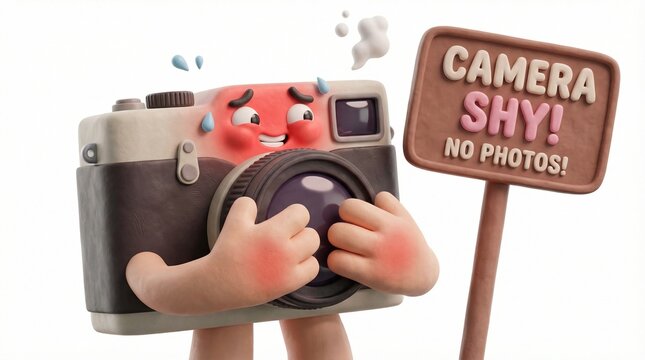 Funny 3D Cartoon Camera Character Covering Lens, Acting Shy and Blushing - Privacy Concept Isolated on White Background