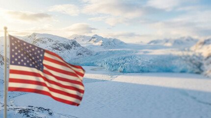 United States flag and Arctic landscape background. Copy space.