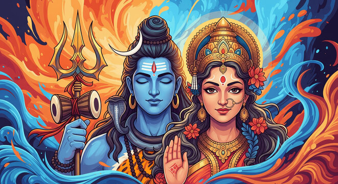 Illustration for maha shivratri in a grunge style with lord shiva and goddess parvati.