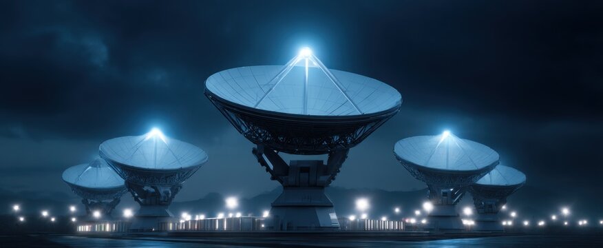 Surveillance satellite ground station featuring several antenna dishes and advanced communication systems