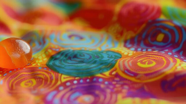 Orange candy on colorful fabric with swirling patterns