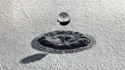 Extreme close-up of transparent water droplet suspended above textured surface with ripple effect and soft shadow on white background, minimalistic natural concept
