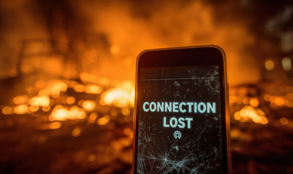Glowing smartphone screen with cracked glass displaying connection lost symbol held against fiery orange smoke background during internet blackout and protests