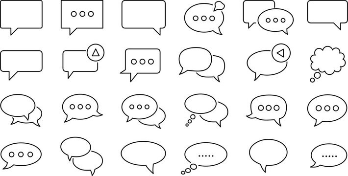 Chat bubble icon set. Featuring message clouds, thought bubbles, discussion symbols, notification alerts, and dialogue boxes