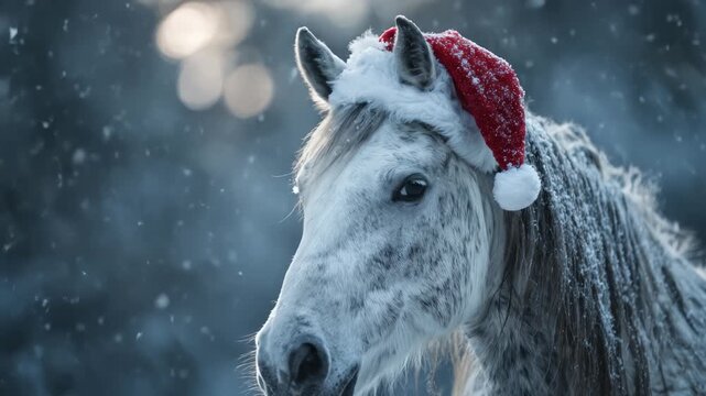 Graceful white horse in snowy forest wearing festive red santa hat with falling snowflakes