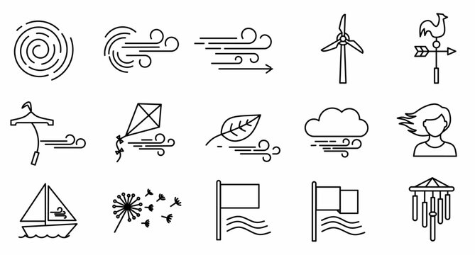 Wind icon set. Featuring breeze symbols, wind turbine, weather vane, kite, sailing boat, and dandelion seeds