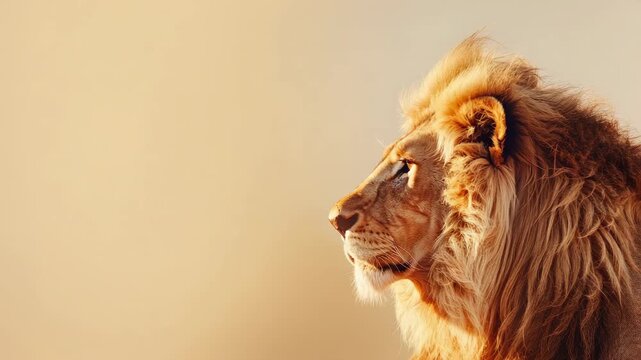 Majestic lion with golden mane gazes into distance, symbolizing strength and nobility