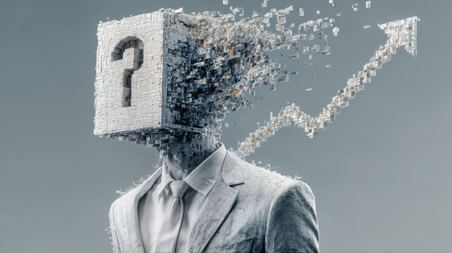 Businessman with pixelated question mark head and arrow graph dissolving into data cubes representing financial risk and uncertainty in digital age