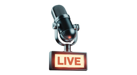 Microphone with Live Sign podcasting equipment isolated on a transparent background