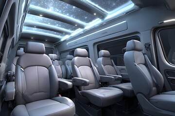 Cool van interior with comfy seats and lots of space, perfect for road trips.