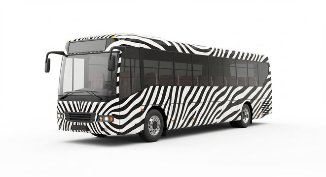 Bus touristique z�br� pr�t pour un safari urbain ou sauvage design audacieux sur fond blanc pur visuel unique et fun. AI Generated