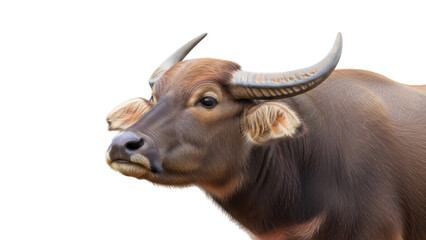 Isolated Water Buffalo profile portrait grazing in the pasture, brown and tan coat, wild animal © Emil