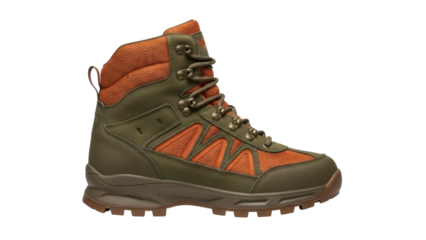 Isolated high-cut hiking boot, laced outdoor boot with olive green and orange color scheme