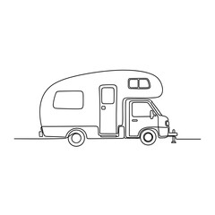 Line art of an RV camper van parked on a road for travel  