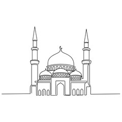 Line drawing of mosque with two minarets on transparent background  