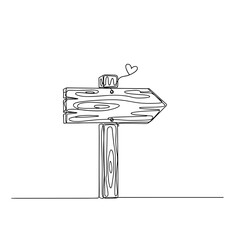 Wooden hiking trail sign with a heart illustration for travel  