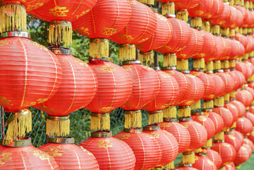 Red outdoor wall. Awesome view of traditional Chinese red lanterns