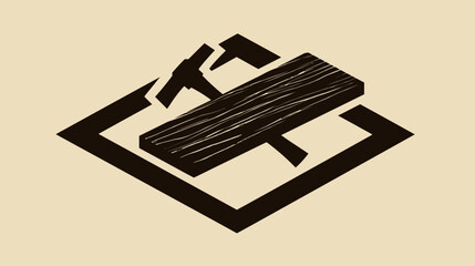 A carpentry-themed illustration, featuring tools and wood within a diamond shape on a neutral background