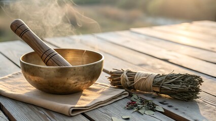 Bronze Singing Bowl With Wooden Striker And Sage Bundle For Meditation