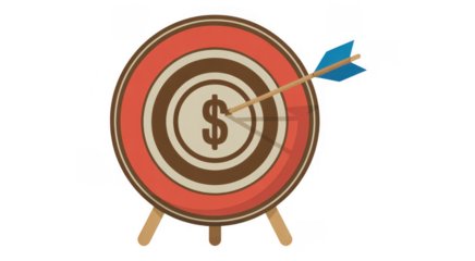 Target with dollar sign hit by blue arrow bullseye isolated on a transparent background