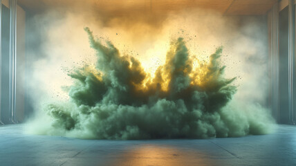 Colorful Dust Explosion in Abstract Studio Setting with Green and Yellow Smoke explosion smoke dust