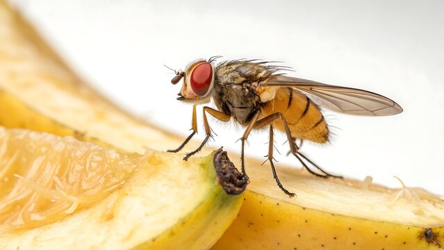 Close up of a fruit fly with compound red eyes perched on a piece of fruit