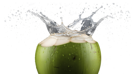 Close-up of a green fruit with water splashing over it, creating a dynamic border against a clean white background.