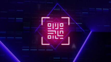 Animation of qr code and digital data processing over glowing neon lines - Powered by Adobe